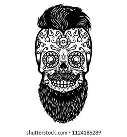 Bearded sugar skull. Design element for poster, card, print, emblem, sign. Vector image