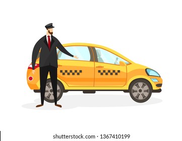 Bearded Taxi Driver Stand near Yellow Car Isolated on White Background. Young Faceless Man Character in Uniform Invite to Sit in Transport. Male Profession. Cartoon Flat Vector Illustration. Clip Art.