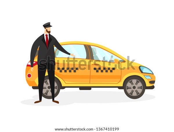Bearded Taxi Driver Stand near Yellow Car Isolated\
on White Background. Young Faceless Man Character in Uniform Invite\
to Sit in Transport. Male Profession. Cartoon Flat Vector\
Illustration. Clip\
Art.