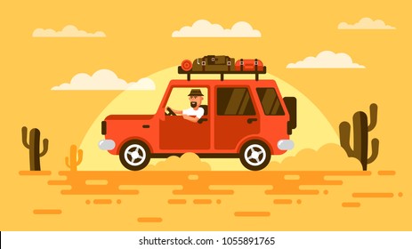 Bearded touris, drives  SUV car in desert, surrounded by cactus, on sunset. On roof carries his luggage. Illustration in flat style.