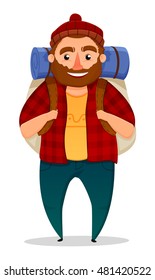 Bearded traveler character with backpack. hipster. isolated. vector illustration
