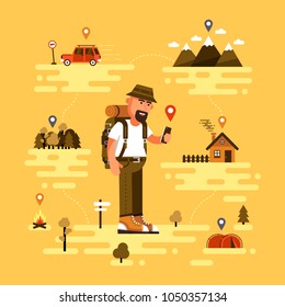 Bearded traveling tourist uses smartphone to find location. Icons of GPS, car, mountains with clouds, tent, fire, forest and country house. Go Everywhere. Vector illustration.