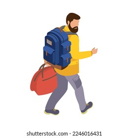 Bearded traveller walking with backpack and bag back view isometric vector illustration