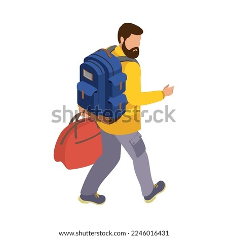 Bearded traveller walking with backpack and bag back view isometric vector illustration