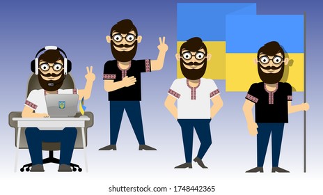 bearded Ukrainian man in glasses, in a traditional national shirt with embroidery, in different images on a blue and white background. vector character set