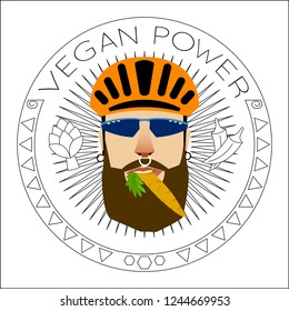 Bearded Vegan Cyclist with Vegetables Brand. Flat Design Vectoral Illustration