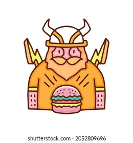 Bearded viking with lightning and burger illustration. Cartoon graphics for t-shirt prints and other uses.