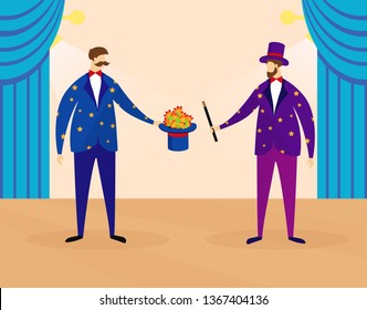 Bearded and Whiskered Magicians Performing Show for Kids on Circus Stage with Illusion Action as Flowers Appearance from Magic Top Hat. Artist Profession, Animators. Cartoon Flat Vector Illustration.