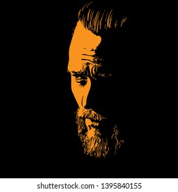 Bearded and whiskered man portrait silhouette in backlight. Contrast face. Vector. Illustration.