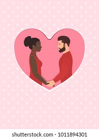 Bearded white man and beautiful afro American woman. Happy multiracial couple in love, holding hands and looking into each others eyes. Greeting card for Happy Valentines day. Wedding or anniversary
