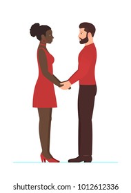 Bearded white man and beautiful afro American woman. Happy multiracial couple in love, holding hands, looking into each others eyes, full growth standing. Happy Valentines day. Wedding or anniversary