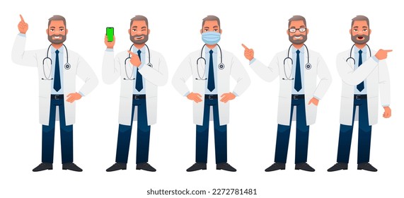 Bearded white man in a white coat stands in different poses. The doctor is standing in a protective mask, pointing at the screen of the smartphone, pointing at something. 