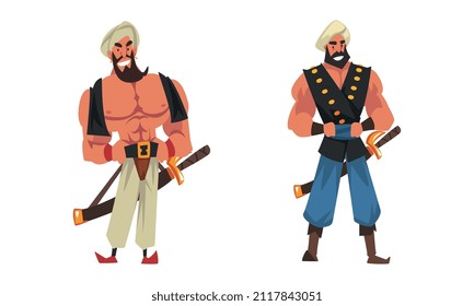 Bearded Wicked Man in Turban with Sword as Arabian Fairy Tale Character Vector Set