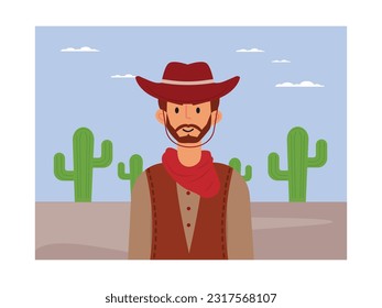 Bearded wild west cartoon cowboy man with hat and vest, old town standing with cactus behind him.Flat illustration