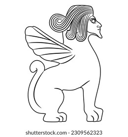 Bearded winged male sphynx from ancient Syria. Fantastic mythological animal. Black and white linear silhouette.
