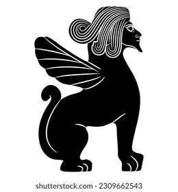 Bearded winged male sphynx from ancient Syria. Fantastic mythological animal. Black and white negative silhouette.