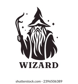 Bearded wizard logo. Warlock icon. Wise magician emblem. Mystical sorcerer symbol. Vector illustration.