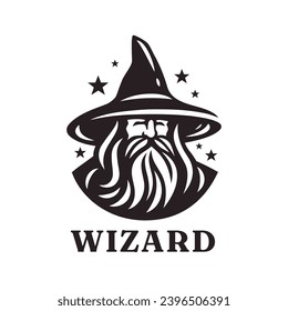 Bearded wizard logo. Warlock icon. Wise magician emblem. Mystical sorcerer symbol. Vector illustration.