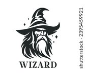 Bearded wizard logo. Warlock symbol. Wise magician emblem. Mystical sorcerer icon. Vector illustration.