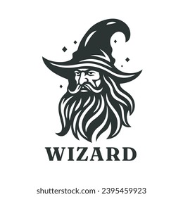 Bearded wizard logo. Warlock symbol. Wise magician emblem. Mystical sorcerer icon. Vector illustration.