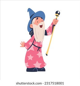 Bearded Wizard in Pointed Hat as Fairytale Character Vector Illustration