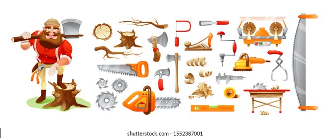 Bearded woodcutter with large ax. Lumberman cartoon character and tools. Carpentry, woodworkers, sawmill, lumberjack hand electric tools cartoon vector illustration. Forester, forestry woods industry