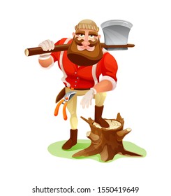 Bearded woodcutter with a large ax lying on his shoulder. Lumberjack holding ax in hands. Lumberman cartoon character. Forester, forestry woods industry concept vector illustration.
