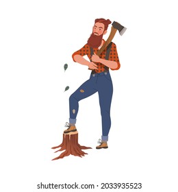 Bearded Woodman or Lumberman in Checkered Shirt and Sling Pants Standing with Ax Vector Illustration