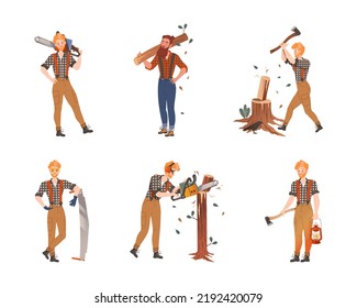 Bearded Woodman or Lumberman in Checkered Shirt and Sling Pants with Felling Ax Chopping and Sawing Wood Vector Set