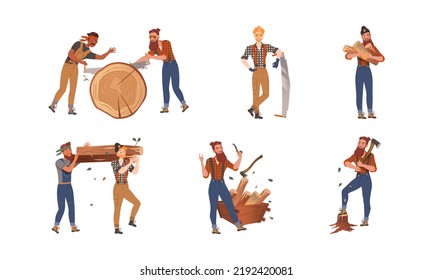 Bearded Woodman or Lumberman in Checkered Shirt and Sling Pants with Felling Ax Chopping and Sawing Wood Vector Set