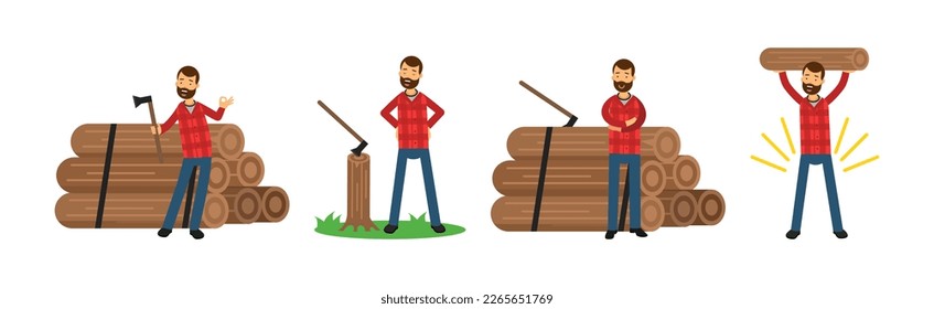 Bearded Woodman or Lumberman in Checkered Shirt with Axe and Log Vector Set