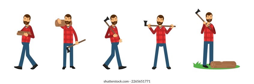 Bearded Woodman or Lumberman in Checkered Shirt with Axe and Log Vector Set