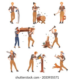 Bearded Woodman or Lumberman in Red Checkered Shirt and Sling Pants with Felling Ax Chopping and Sawing Wood Vector Set