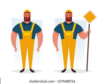 Bearded Worker: Builder. Cartoon Style. Vector Illustration