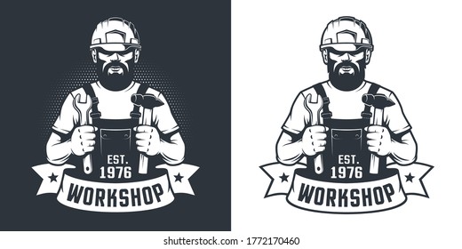 Bearded Worker in hard hat with hammer and wrench -vintage logo. Handyman mechanic in builder helmet - retro emblem. Vector illustration.