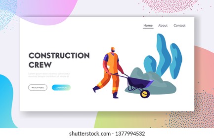 Bearded Worker in Helmet and Orange Uniform Pushing Wheelbarrow on Road Repair or Building Construction Process. Roadworks Website Landing Page, Web Page Cartoon Flat Vector Illustration, Banner