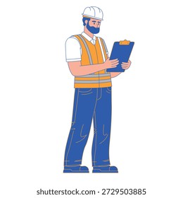 Un obrero barbudo con un casco blanco y un chaleco naranja, mira al Portapapeles. Retrato de cuerpo entero de ingeniero. Ilustración vectorial aislada en el fondo