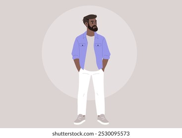 A bearded young man dressed in a light purple shirt and white pants exudes confidence, He stands with hands in pockets, showcasing a relaxed yet fashionable pose