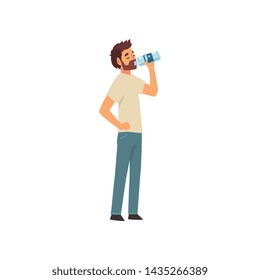 Bearded Young Man Drinking Water from Plastic Bottle, Guy in Casual Clothes Enjoying Drinking of Fresh Clean Water Vector Illustration