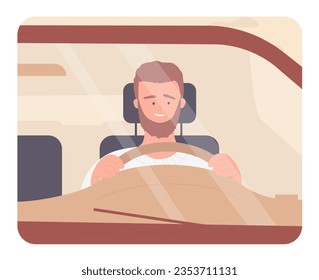 Bearded young man driving his car. Travelling boy with personal auto vector illustration