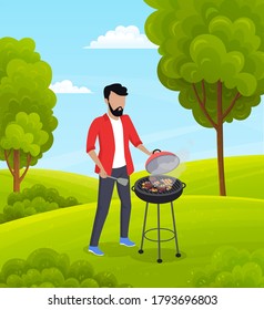 Bearded young man fries barbecue in fresh air. Countryside, green spaces, trees, grass, flowers. Summer time. Walks in the open air. Flat vector illustration for website, banner, application