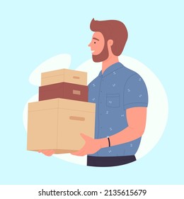 Bärenjunge, die Paketkästen halten. Bestellung und Lieferung von Paketen Service flache Vektorgrafik