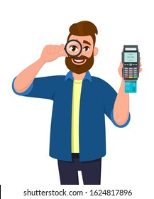 Bearded young man looking through magnifying glass or magnifier and showing credit, debit or ATM card payment machine. POS terminal. Hipster person showing loupe. Vector illustration in cartoon. 