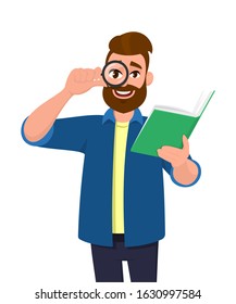 Bearded young man looking through magnifying glass or magnifier and holding book. Hipster person reading and looking from loupe. Male character design illustration in vector cartoon style.