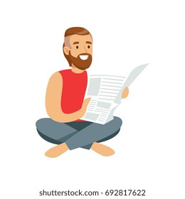 Bearded young man sitting on the floor and reading a book vector Illustration