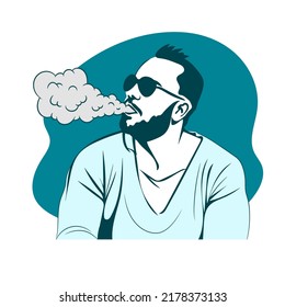 Bearded Young Man, Vaping. Vape And Smoke Concept.