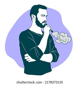 Bearded Young Man, Vaping. Vape And Smoke Concept.