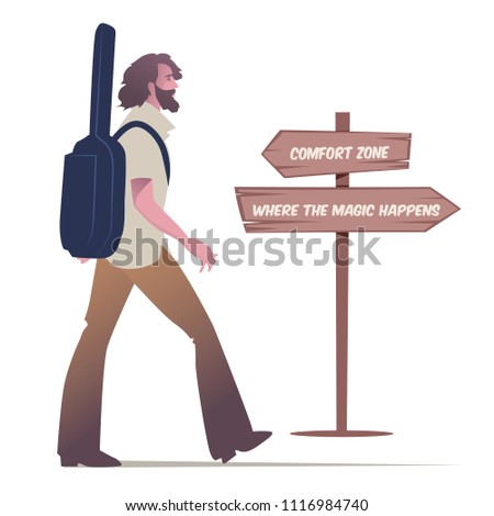 Bearded young man walking carrying a guitar to his back and wooden sign post with motivational message. Isolated on white background.