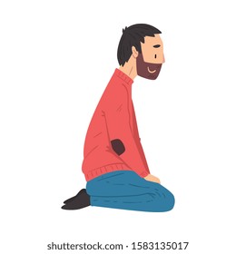 Bearded Young Man Wearing Red Sweater Kneeling, Side View Vector Illustration