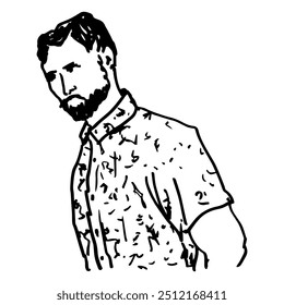 Bearded young man wearing short sleeve shirt. Male portrait. Hand drawn linear doodle rough sketch. Black and white silhouette.